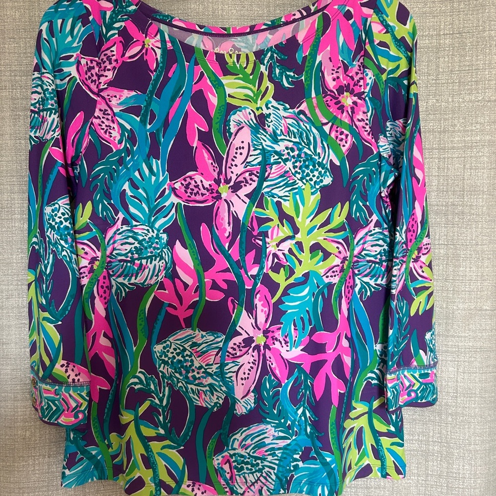 Lilly Pulitzer Blue and Pink Blouse with Three-Quarter Sleeves